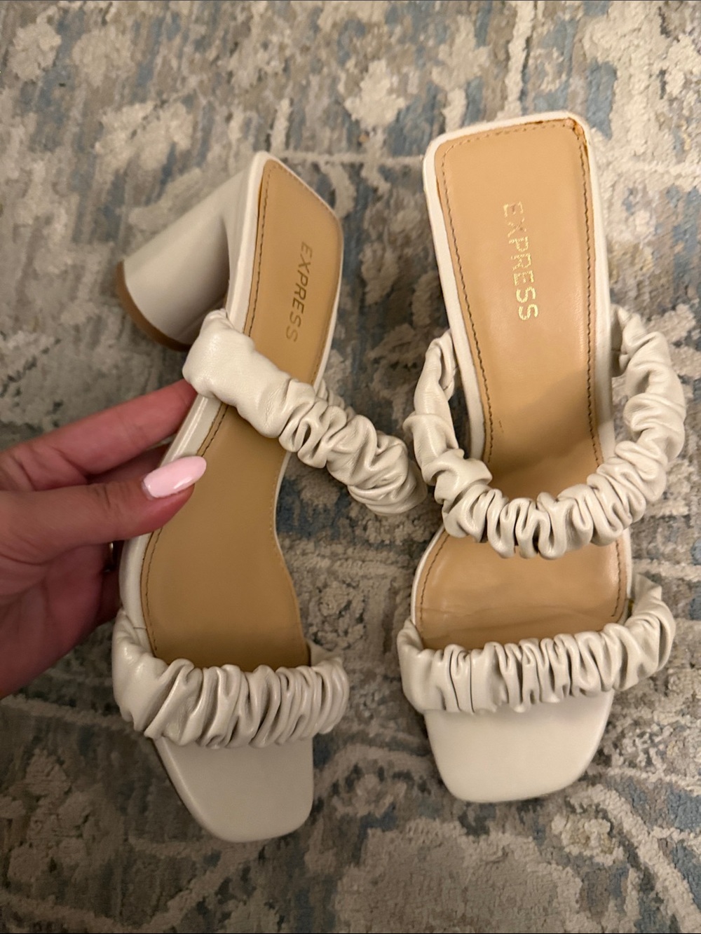 Express Cream Ruched Double-Strap Block Heel Mules